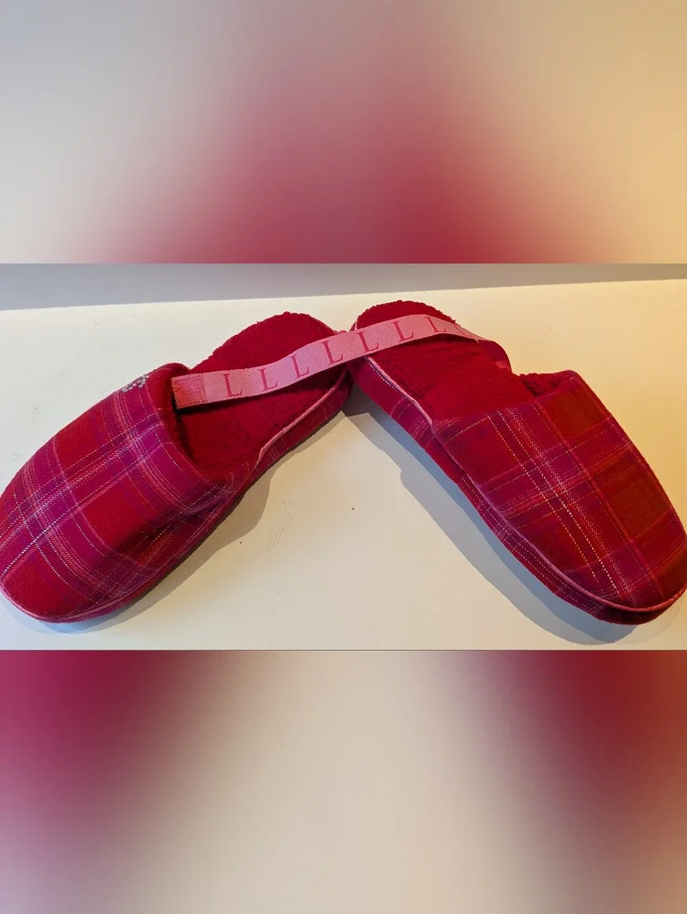 New! Victoria's Secret Hot Pink Plaid Slide Slippers with Rhinestones